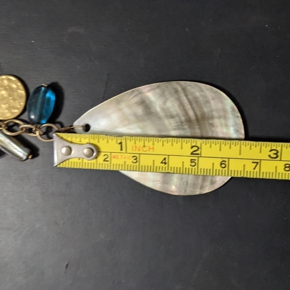 Gold Tone Blue Bead Disc Mother of Pearl Teardrop Long Statement Necklace - Picture 5 of 5